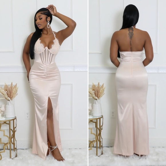 GoodTime USA Light Pink Corset Halter Maxi Dress Women’s Size Medium NWT Prom - Picture 1 of 16